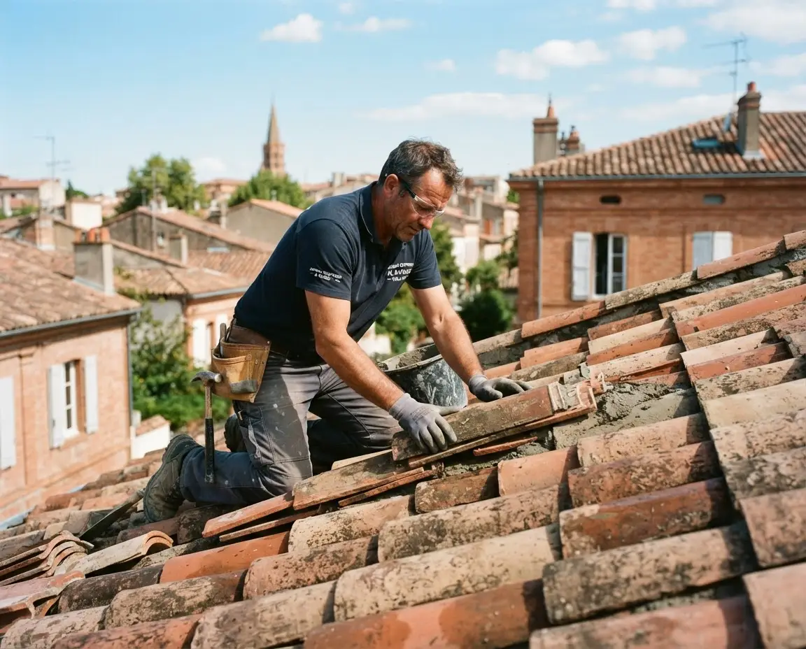 Couvreur SASU ROBELIN travaillant sur une toiture en tuiles canal à Toulouse